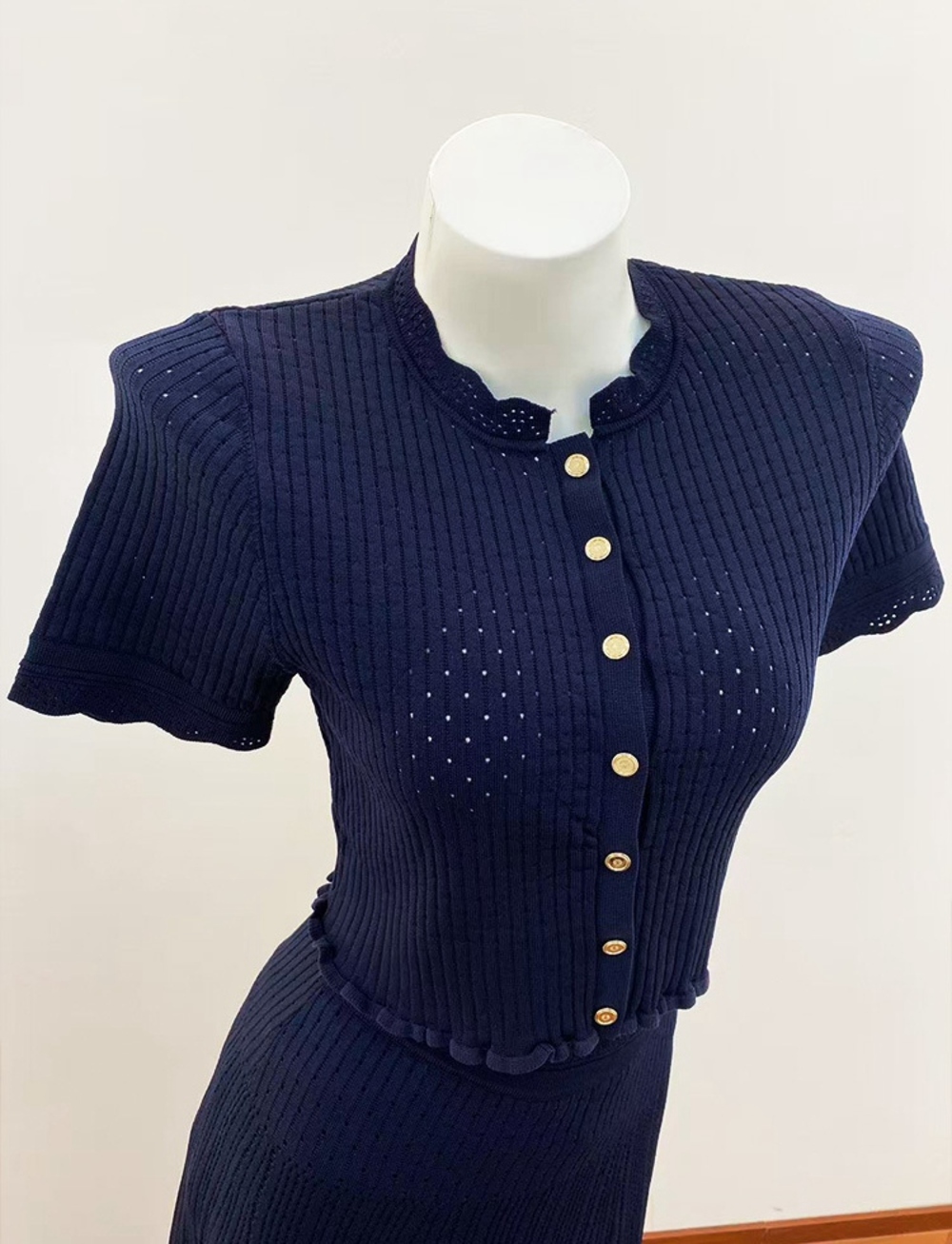 🦞Sandro Navy Knit Two‑Piece Set Cropped Top Long Midi Skirt - Picture 2 of 11